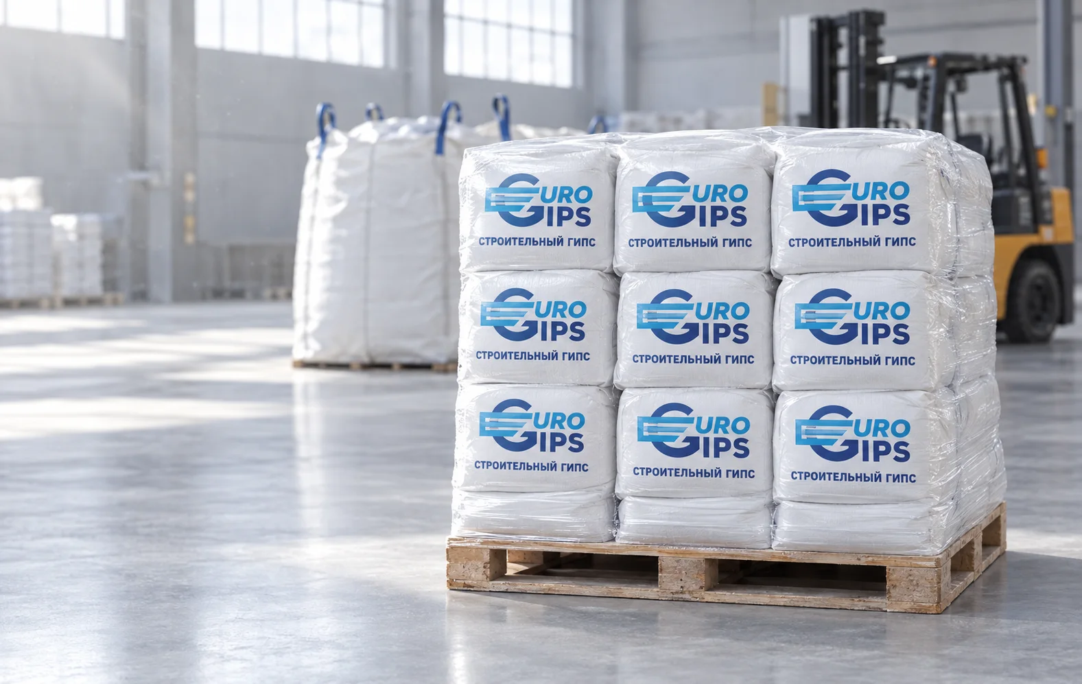 Eurogips qurilish gipsi qoplari va big-baglar omborda